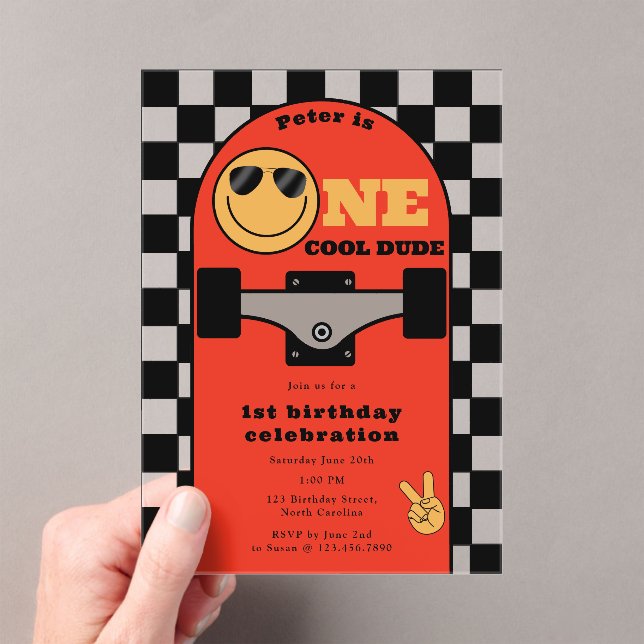 One Cool Dude Invite 1st First Birthday Skateboard Acrylic Invitations (Insitu (Handheld))