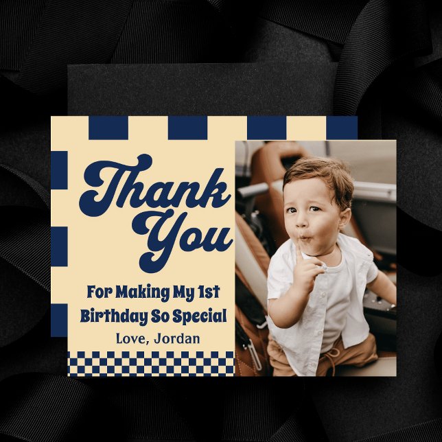 One Cool Dude Retro Boy 1st Birthday Party Photo  Thank You Card (Creator Uploaded)