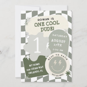 One Cool Dude Retro Chequerboard 1st Birthday  Invitation