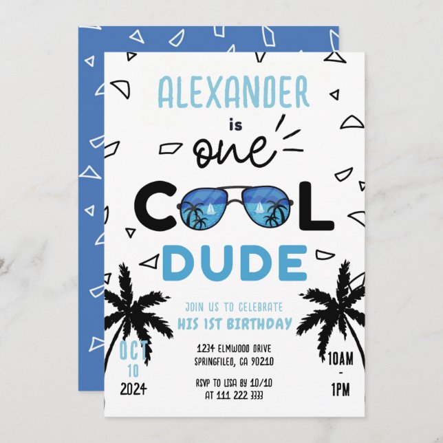 One Cool Dude Sunglasses Boy 1st First Birthday Invitation (Front/Back)