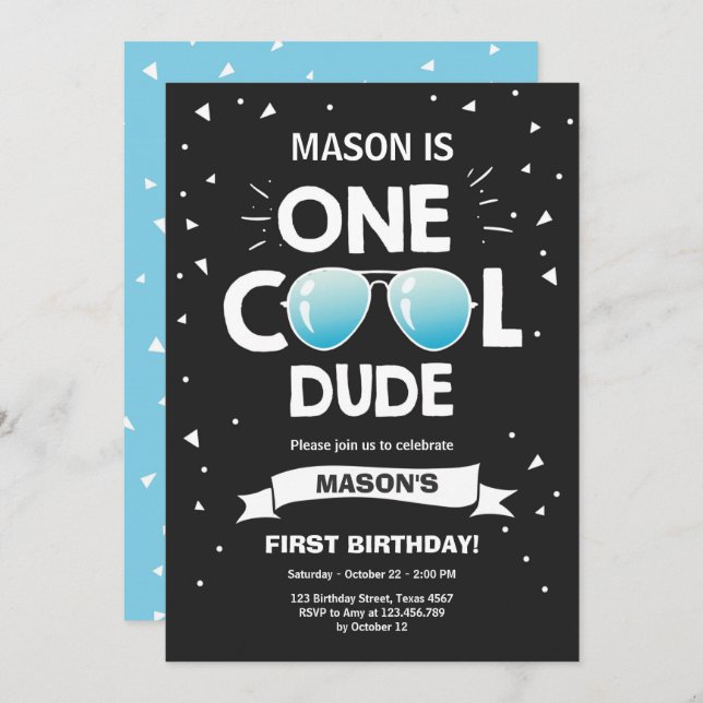 One Cool Dude Sunglasses Boy First Birthday Invita Invitation (Front/Back)