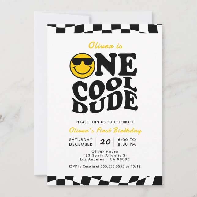 One Cool Dude Wavy Preppy Smile Boy 1st Birthday Invitation (Front)