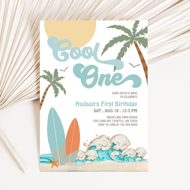 ONE Cool Surfing Boy 1st Birthday Beach Party Invitation (Creator Uploaded)
