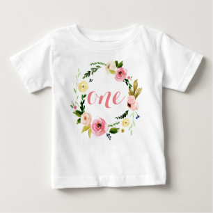One Custom Baby Girl Watercolor Floral Wreath Baby T-Shirt