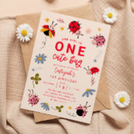 ONE Cute Bug Ladybug 1st Birthday Party Invitation