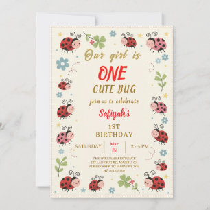 ONE Cute Bug Ladybug 1st Birthday Party Invitation
