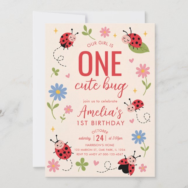 ONE Cute Bug Ladybug 1st Birthday Party  Invitation (Front)