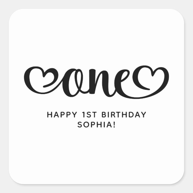One Cute Hearts Script 1st Birthday Square Sticker (Front)