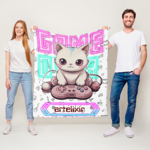 One Cute Kawaii Gamer Cat, game over Print Fleece Blanket