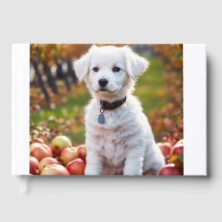 One cute little white puppy is sittin guest book