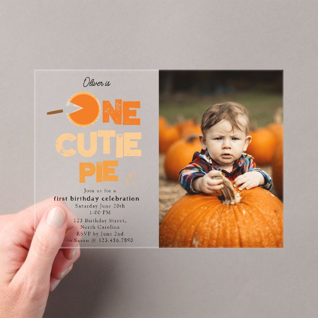 One Cutie Pie Invite 1st First Birthday Cute Photo Acrylic Invitations (Insitu (Handheld))