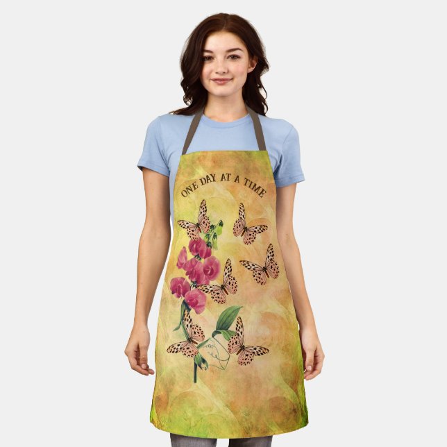 One Day At A Time Butterfly Flower Inspirational Apron (Worn)