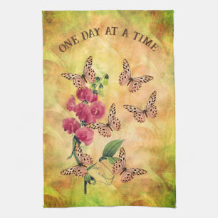 One Day At A Time Butterfly Flower Inspirational Tea Towel