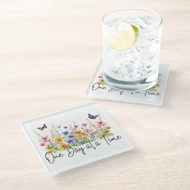 One Day at a Time Inspirational Quote Wildflowers Glass Coaster (Angled)