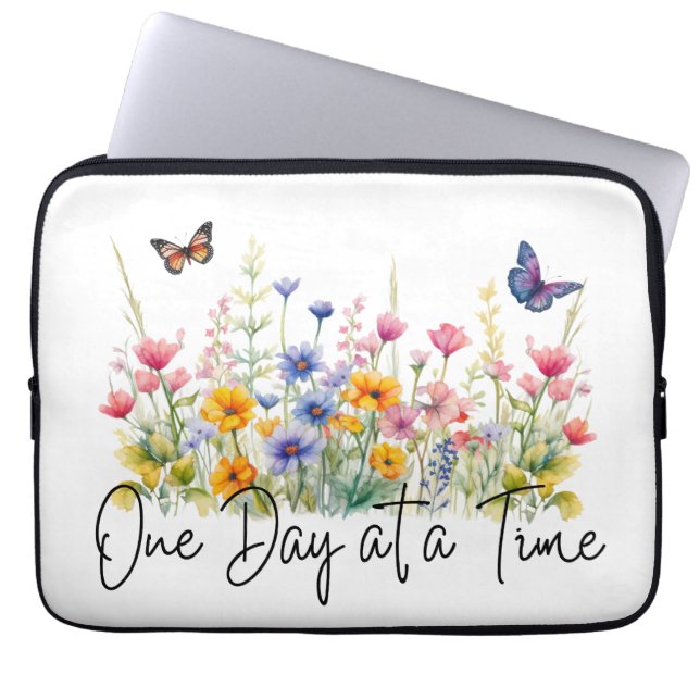 One Day at a Time Inspirational Quote Wildflowers Laptop Sleeve (Front)