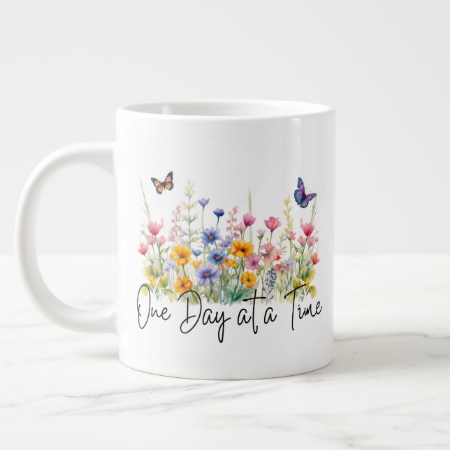 One Day at a Time Inspirational Quote Wildflowers Large Coffee Mug (Left)