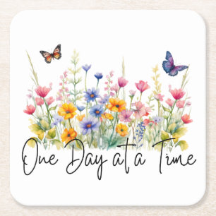 One Day at a Time Inspirational Quote Wildflowers Square Paper Coaster