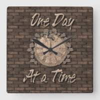 One Day At A Time Quote Slogan Clock Vines Brick