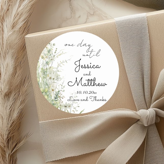 One day until Dusty Sage Green Flowers Wedding Classic Round Sticker (Creator Uploaded)