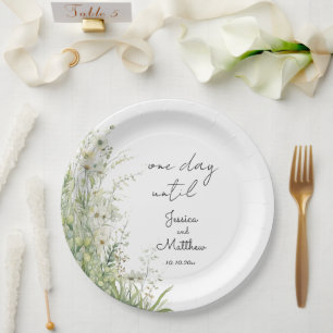 One day until Dusty Sage Green Flowers Wedding Paper Plate