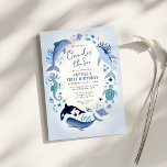 One-der the Sea Blue Ocean Animals First Birthday Invitation<br><div class="desc">A modern and elegant blue first birthday invitation for boys featuring under the sea theme with hand painted ocean animals such as whale,  shark,  dolphin,  fish,  starfish,  jelly fish and coral reefs.</div>