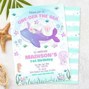 One-der the Sea Party Whale Girl 1st Birthday  Invitation