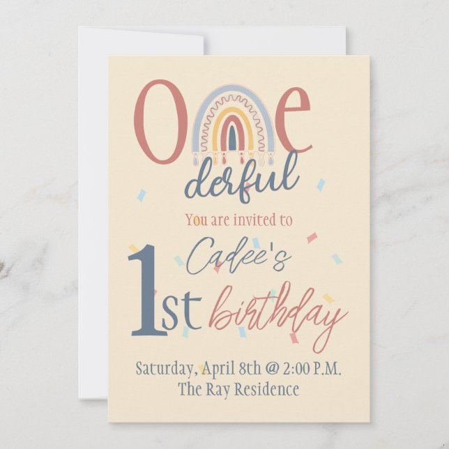 One-derful 1st birthday, Boho rainbow birthday Invitation (Front)