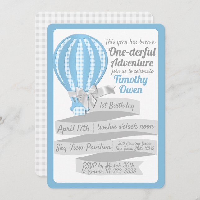 One-derful Adventure Hot Air Balloon 1st Birthday Invitation (Front/Back)