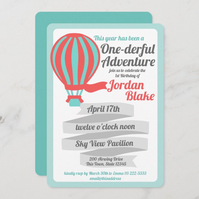 One-derful Adventure Hot Air Balloon Invitation (Front/Back)