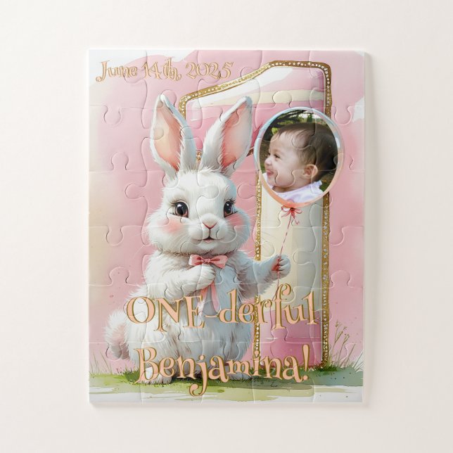 ONE-derful Bunny 1st Birthday for Girls Pink Jigsaw Puzzle (Vertical)