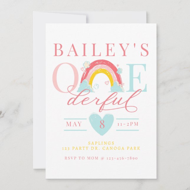 ONE derful, First birthday, Rainbow, ONE, Rainbow  Invitation (Front)