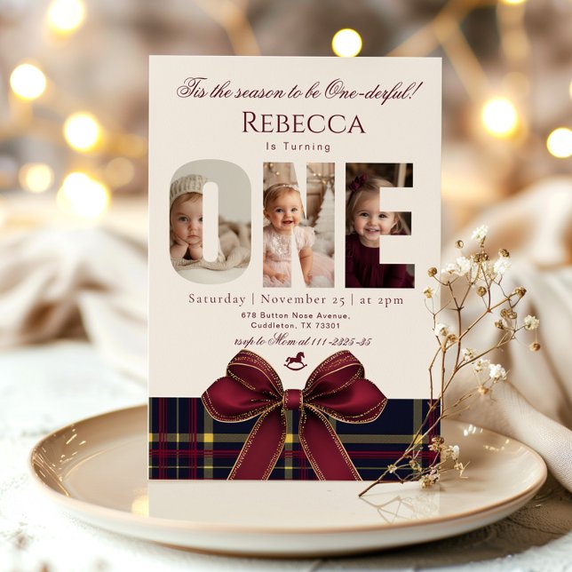 One derful Girl 1st Birthday Photo Preppy Holiday  Invitation (Creator Uploaded)