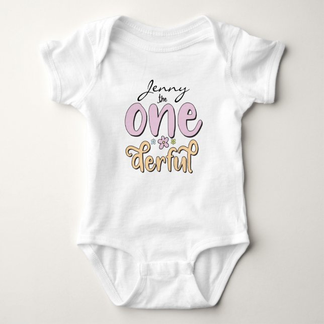 "One-derful", Personalised Name, flowers design Baby Bodysuit (Front)