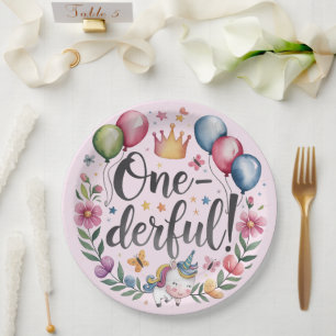 One-derful Watercolor Unicorn Birthday Paper Plate