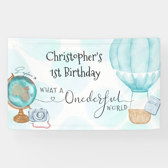 ONE derful World Blue Hot Air Balloon 1st Birthday Banner (Horizontal)