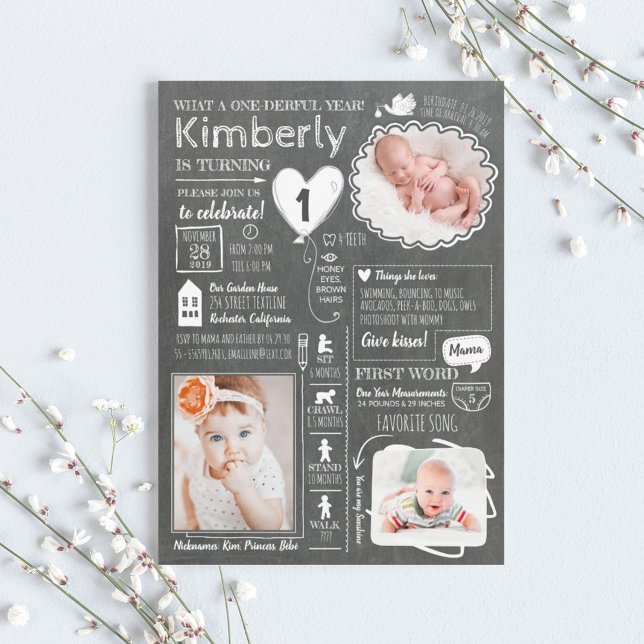 One-derful Year Infographic Fun 1st Birthday Photo Invitation (Creator Uploaded)
