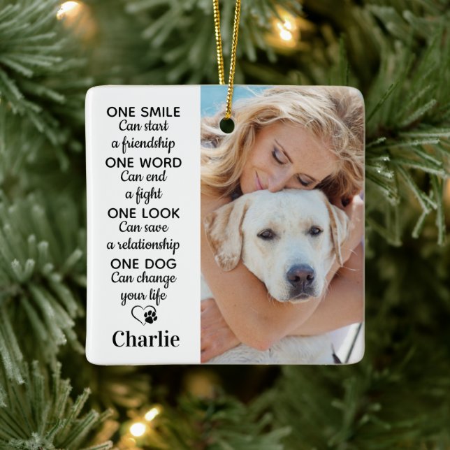 One Dog Personalised 2 Pet Photo Dog Lover Ceramic Ornament (Tree)