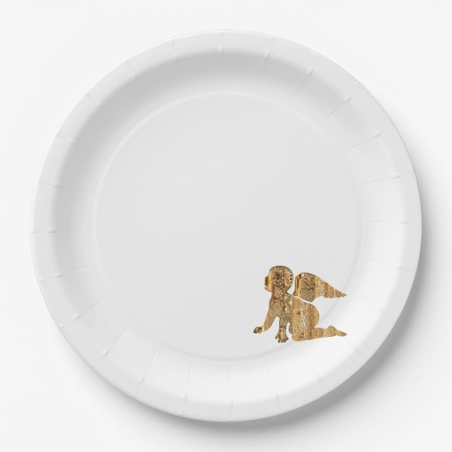 One Elegant Shiny Golden Angel White Paper Plate (Front)