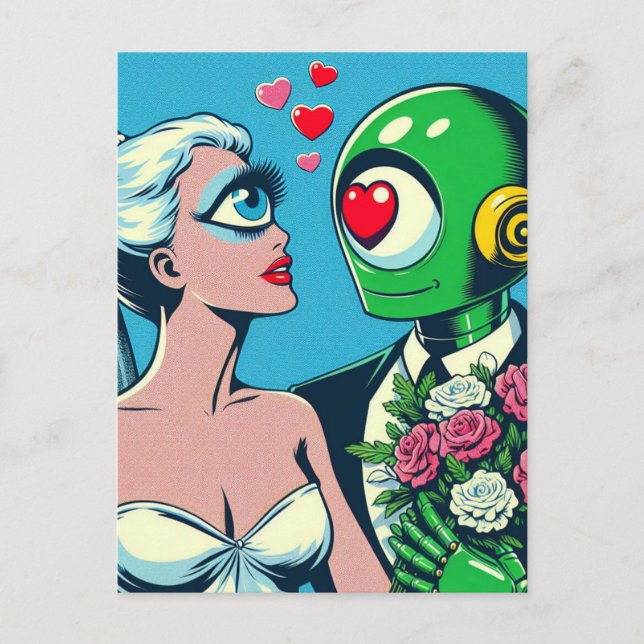 One Eyed Alien Woman and Green Robot in Love Postcard (Front)