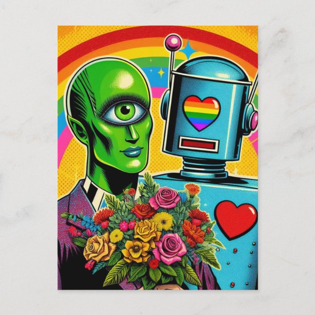 One Eyed Green Alien and a Robot Wedding Postcard (Front)