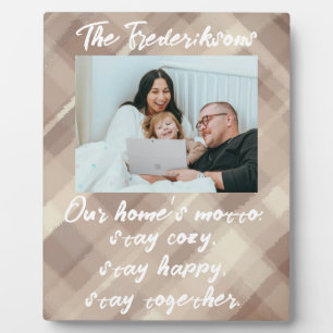 One family photo custom name quote brown plaid plaque