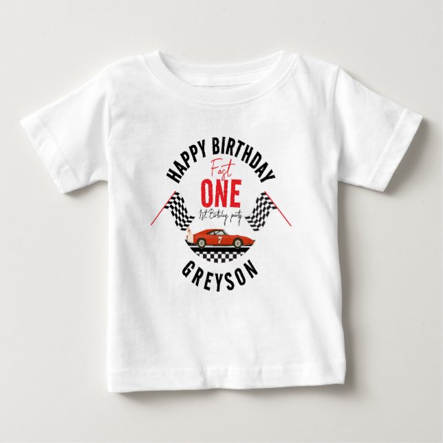 One Fast Race Car Boy 1st Birthday Party Baby T-Shirt (Front)