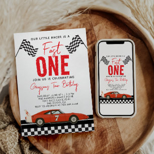 One Fast Race Car Boy 1st Birthday Party Invitation