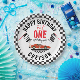 One Fast Race Car Boy 1st Birthday Party Paper Plate