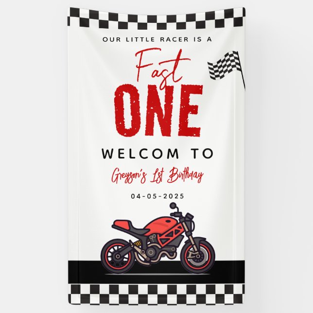One Fast Race Motorcycle Boy 1st Birthday Party Banner (Vertical)