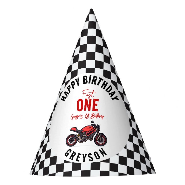 One Fast Race Motorcycle Boy 1st Birthday Party Hat (Front)