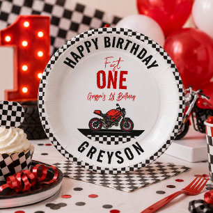 One Fast Race Motorcycle Boy 1st Birthday Party Paper Plate