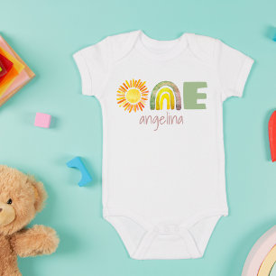 ONE First Birthday Baby Boho Rainbow Name Baby Bodysuit