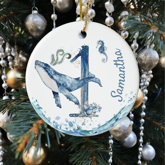 One First Birthday Child Personalised Whale Cerami Ceramic Ornament (Creator Uploaded)