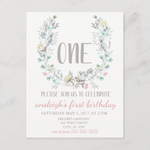 "ONE" First Birthday Floral Invitation